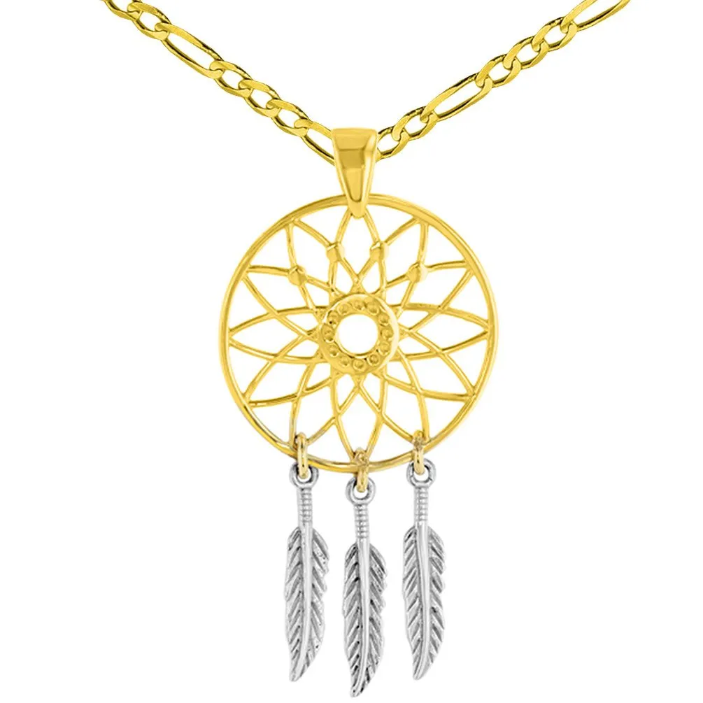 14K Two-Tone Gold Native American Dreamcatcher Charm Pendant with Figaro Necklace