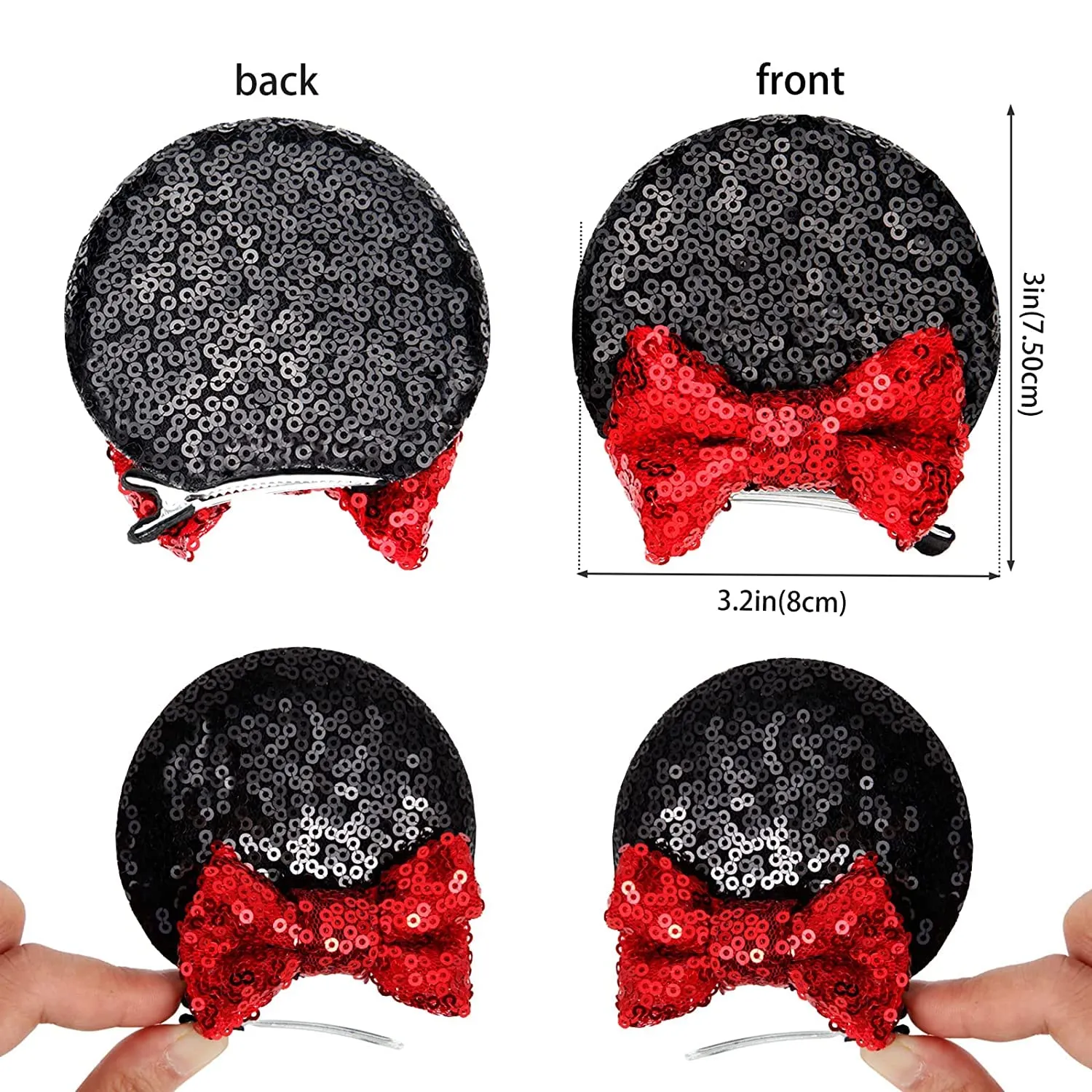 2 Pairs Sequin Mouse Ears Hair Clips, Glitter Bow Clips for Girls Women, Hair Accessories for Princess Cosplay, Christmas Decoration (black)