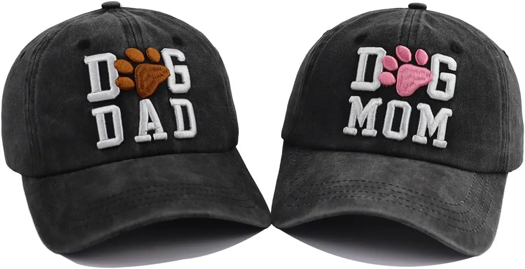 2 PCS Dog Mom & Dad Hat for Women & Men, Adjustable 3D Embroidered Dog Lover Baseball Cap