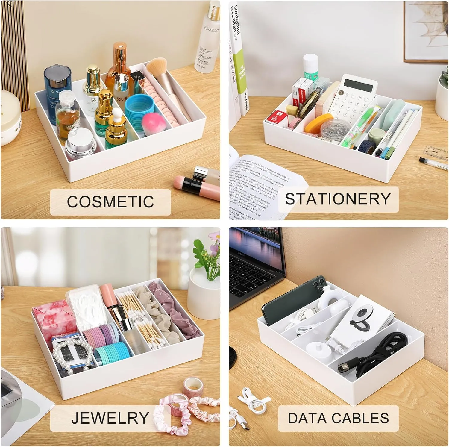 2 Pcs Large Cable Organizer Box with Wire Ties,Plastic Charger Organizer box with 8 Compartments,Stackable Cord Organizer Box for Office,Home,Desk Drawer Stationery Supplies Storage,White