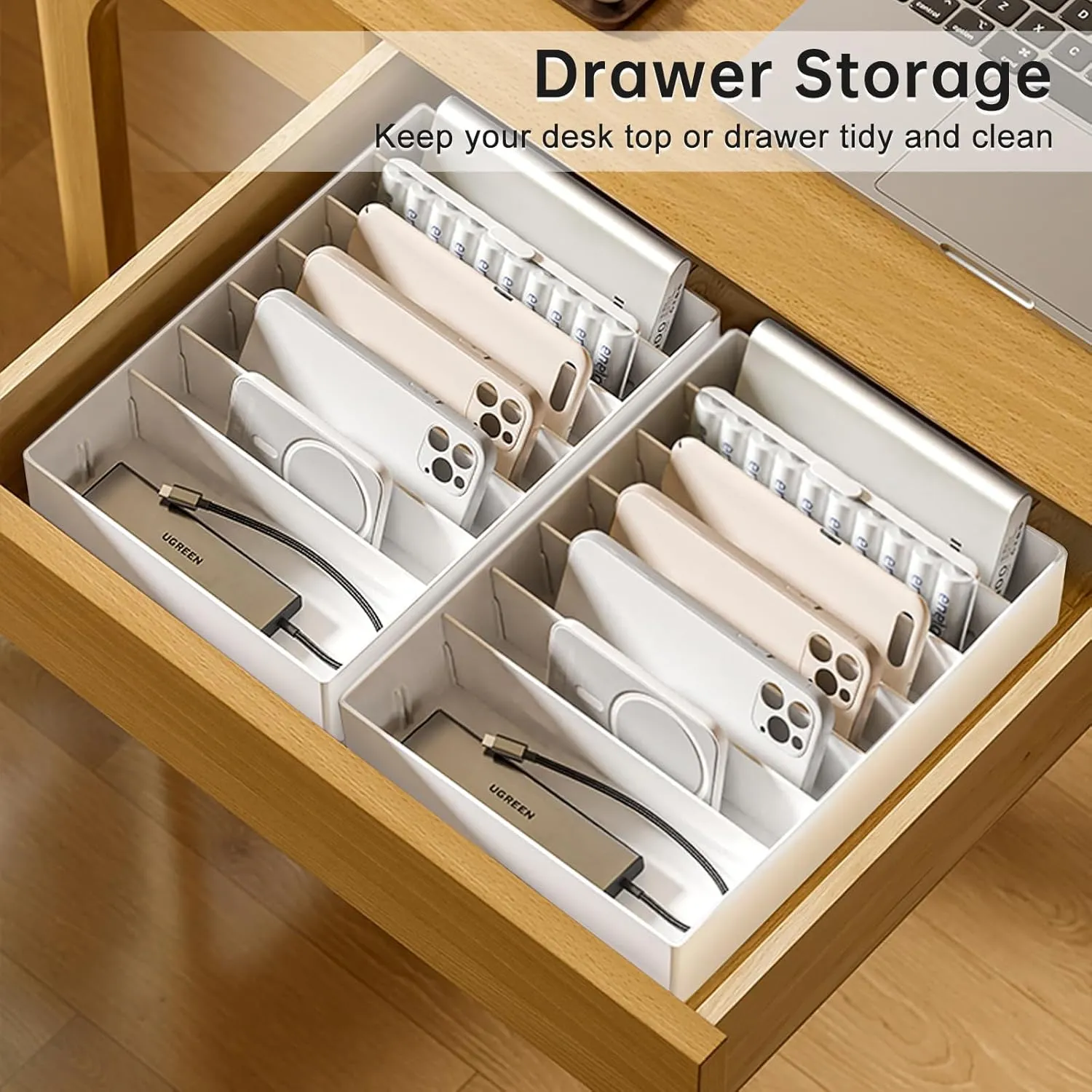 2 Pcs Large Cable Organizer Box with Wire Ties,Plastic Charger Organizer box with 8 Compartments,Stackable Cord Organizer Box for Office,Home,Desk Drawer Stationery Supplies Storage,White