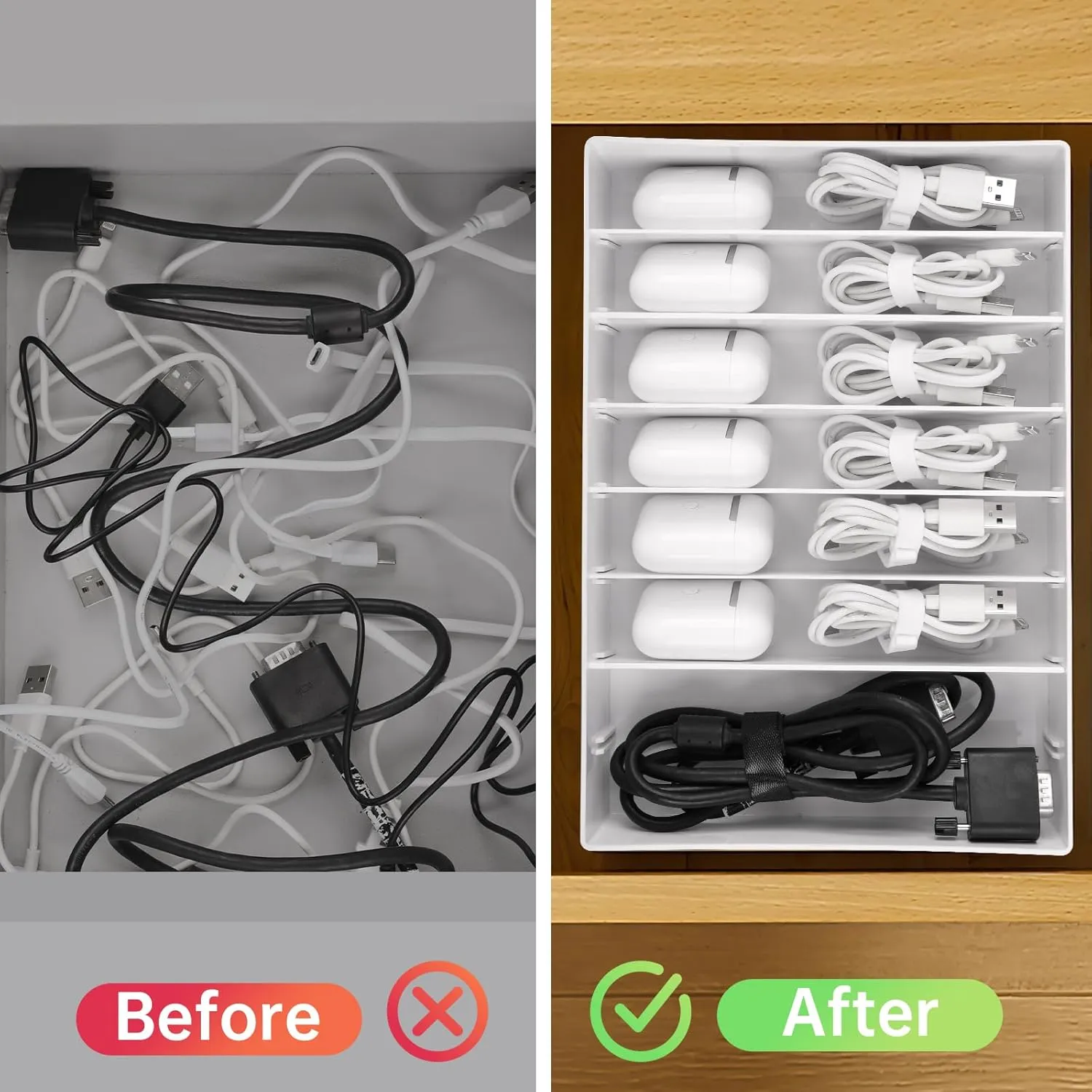 2 Pcs Large Cable Organizer Box with Wire Ties,Plastic Charger Organizer box with 8 Compartments,Stackable Cord Organizer Box for Office,Home,Desk Drawer Stationery Supplies Storage,White
