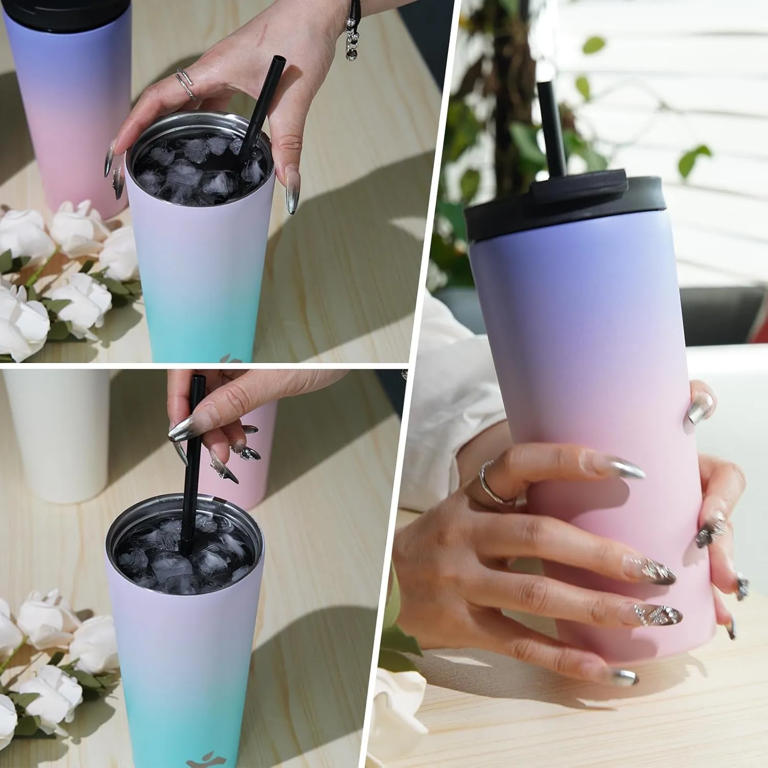 30 OZ Insulated Tumbler with Lid and 2 Straws Stainless Steel Water Bottle Vacuum Travel Mug Coffee Cup,Blue