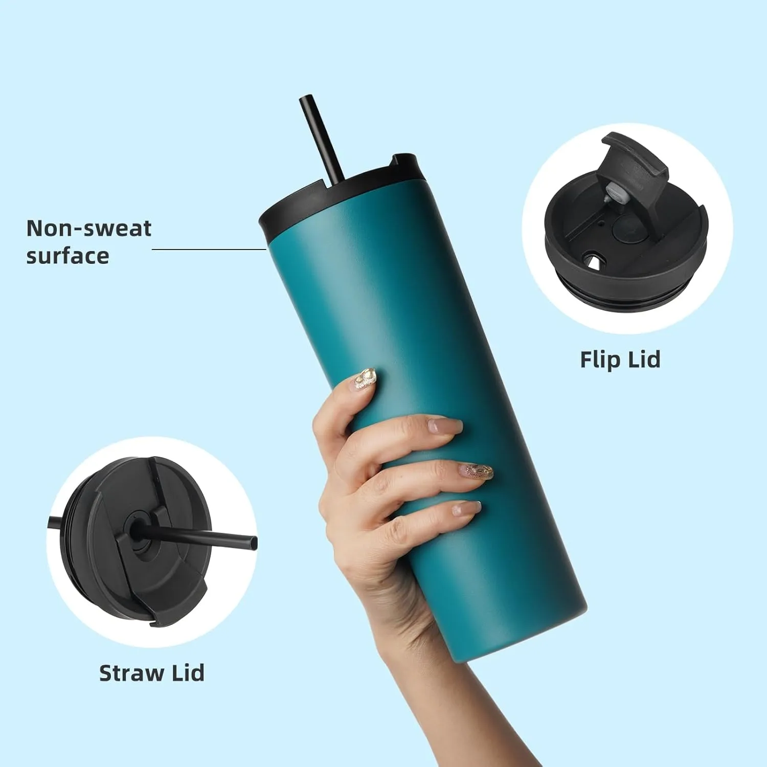 30 OZ Insulated Tumbler with Lid and 2 Straws Stainless Steel Water Bottle Vacuum Travel Mug Coffee Cup,Blue