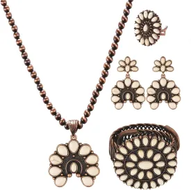 4 PCS Western Turquoise Jewelry for Women Boho Vintage Navajo Pearl Necklace Earring Bracelet Ring Set Country Cowgirl Accessories for Gift