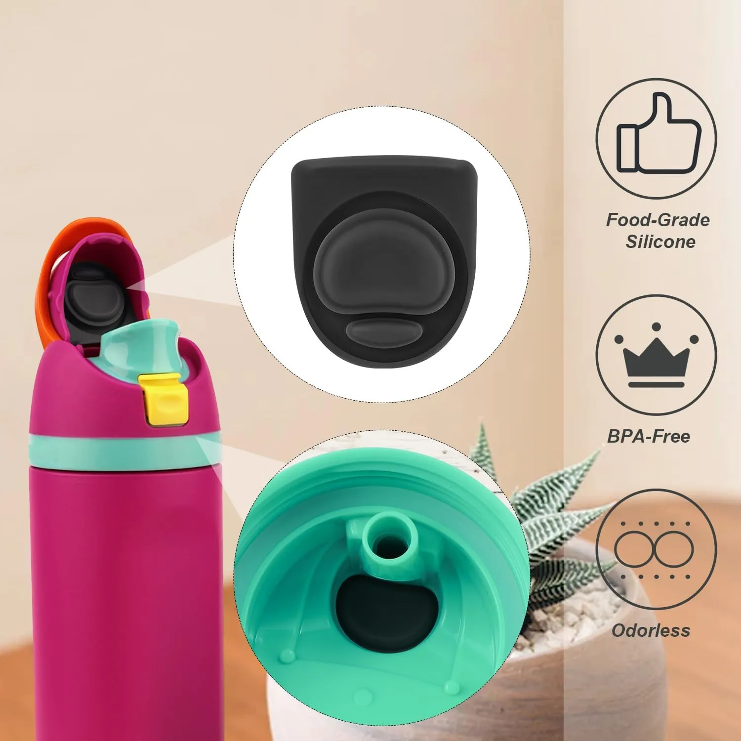 4pcs Bottle Seal Ring & Replacement Rubber Stopper for Owala FreeSip 16oz 19oz 24oz 32oz 40oz, Silicone O Ring Water Bottle Top Lid Parts, Cap Mouth Plug Gasket Accessories, BPA-Free (Black)