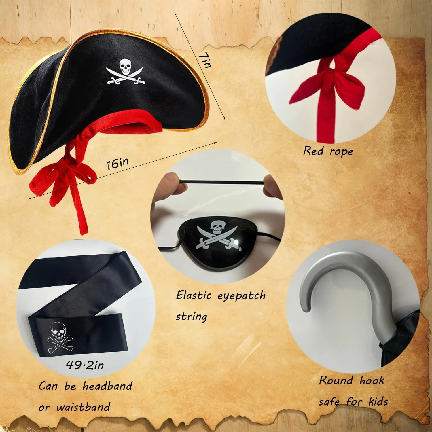 5Pcs Pirate Costume Kids,Girls Pirate Costumes Halloween Pirate Dress Up Pirate Accessories for Kids Gift