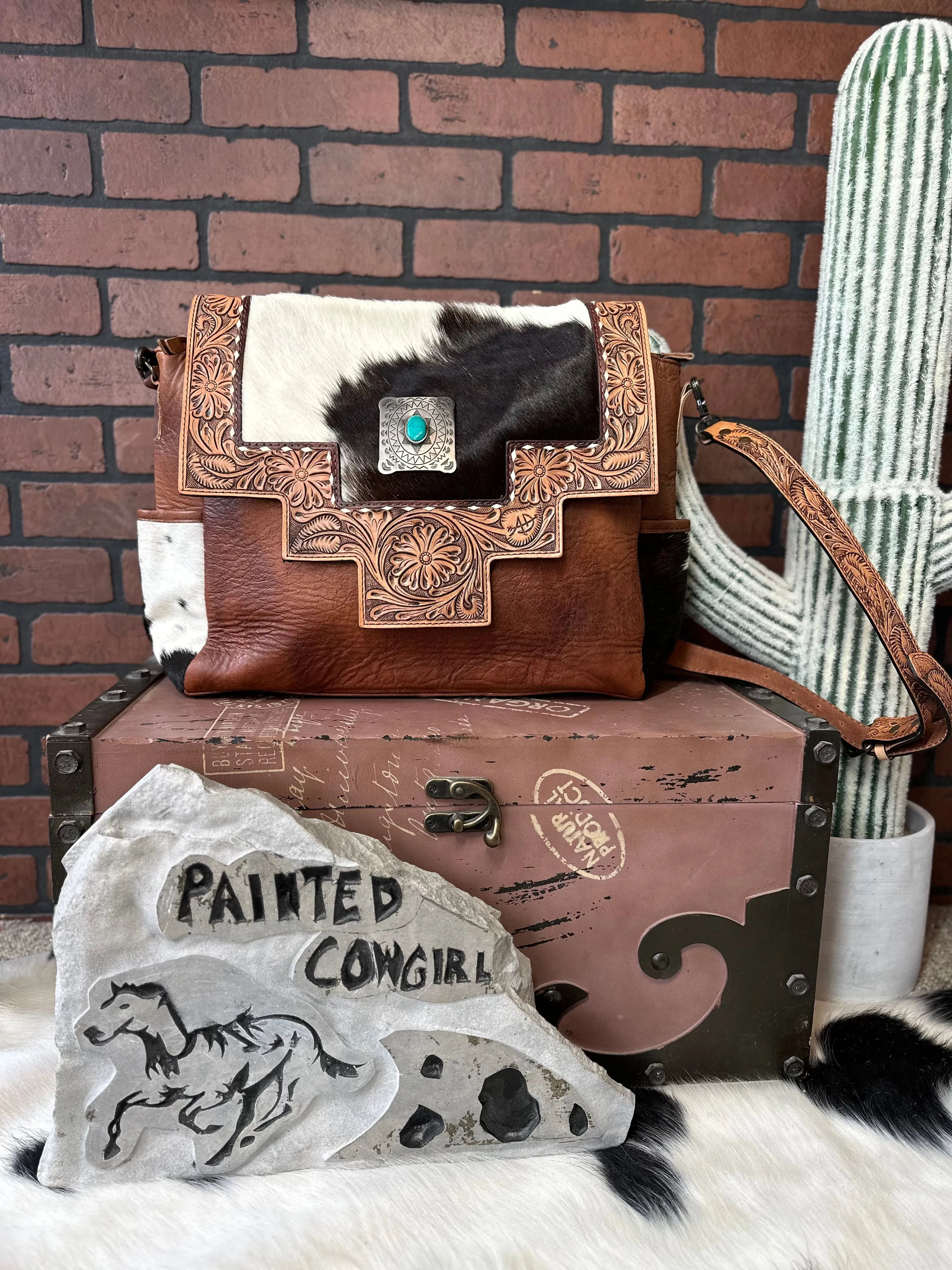 American Darling Cowhide Hair-On Concealed Carry Crossbody Messenger Briefcase Purse ADBG842B