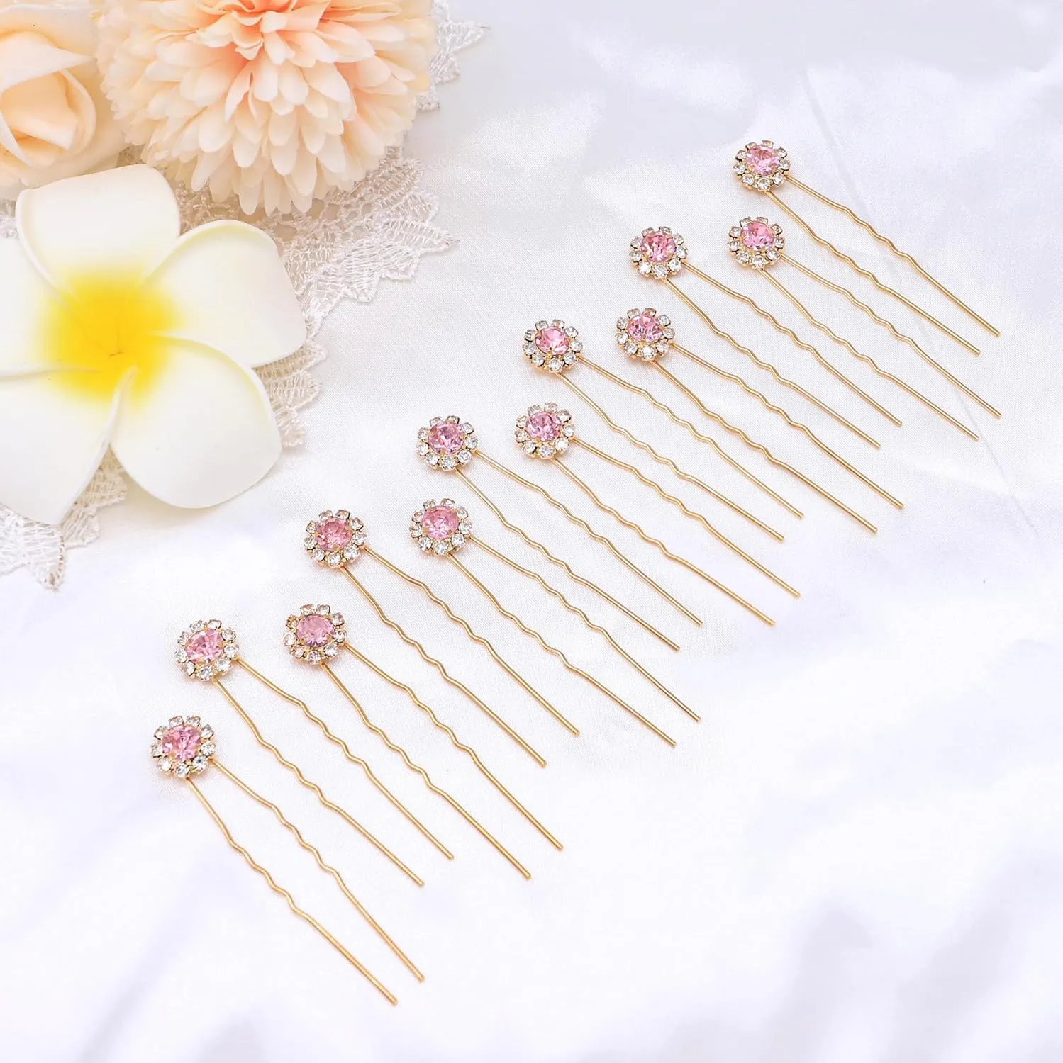 Ammei Crystal Bridal Hair Pins Clips Wedding Hair Accessories Hair Set Jewelry With Rhinestone For Brides and Bridesmaids Set Of 12 (Light Pink)
