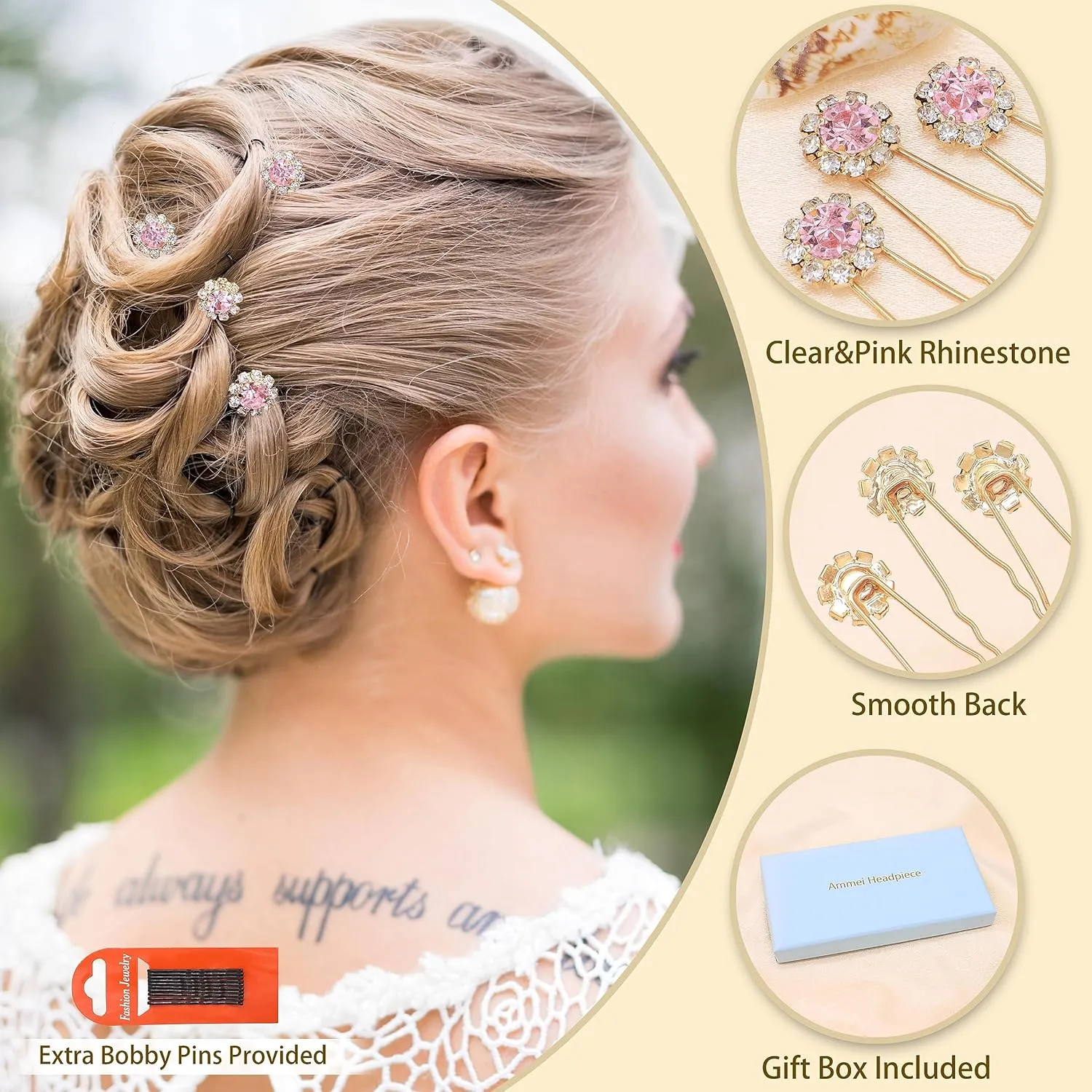 Ammei Crystal Bridal Hair Pins Clips Wedding Hair Accessories Hair Set Jewelry With Rhinestone For Brides and Bridesmaids Set Of 12 (Light Pink)