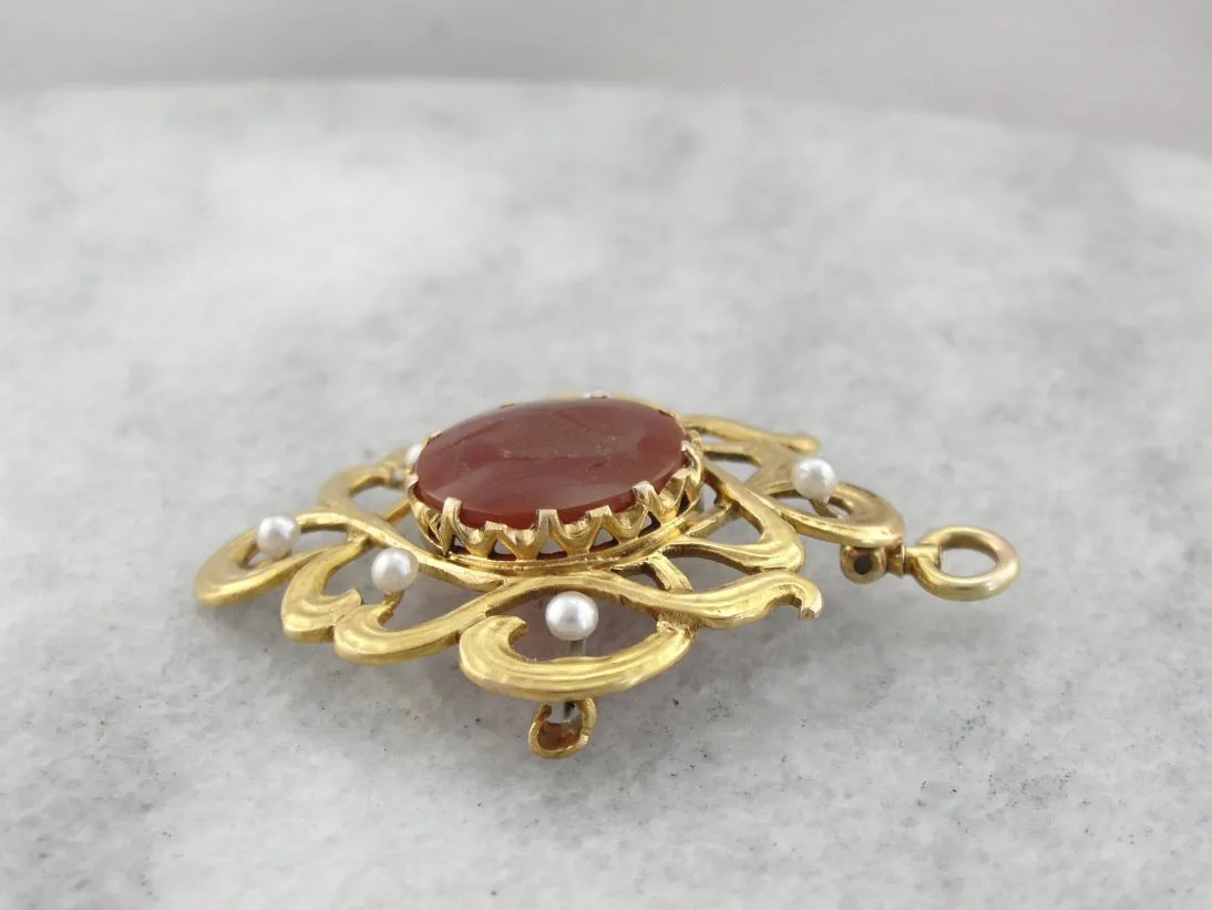 Antique Art Nouveau Era Pin or Pendant with Carnelian Intaglio and Seed Pearls