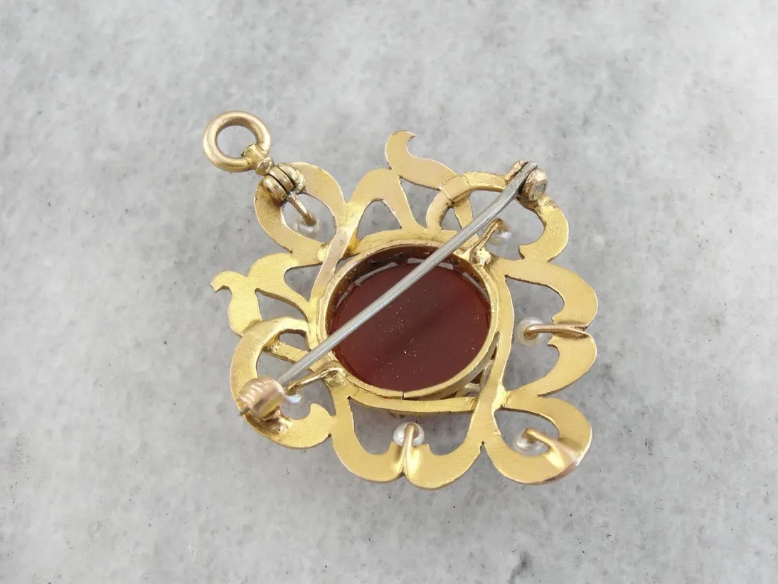 Antique Art Nouveau Era Pin or Pendant with Carnelian Intaglio and Seed Pearls