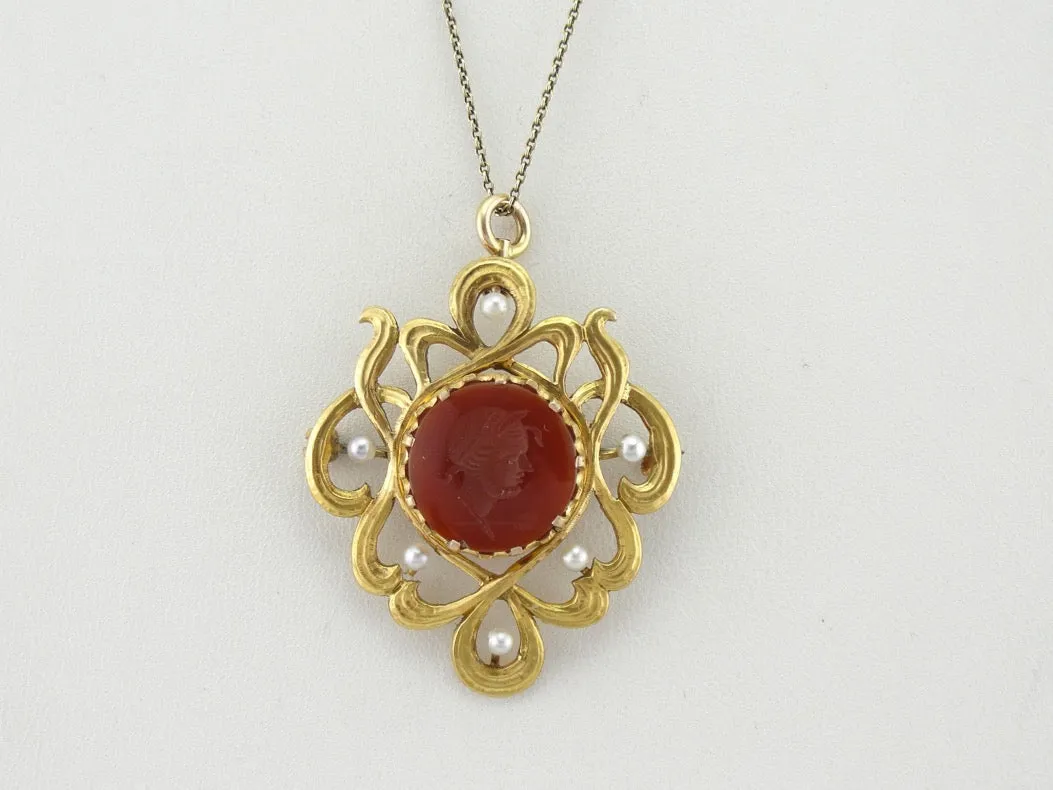 Antique Art Nouveau Era Pin or Pendant with Carnelian Intaglio and Seed Pearls