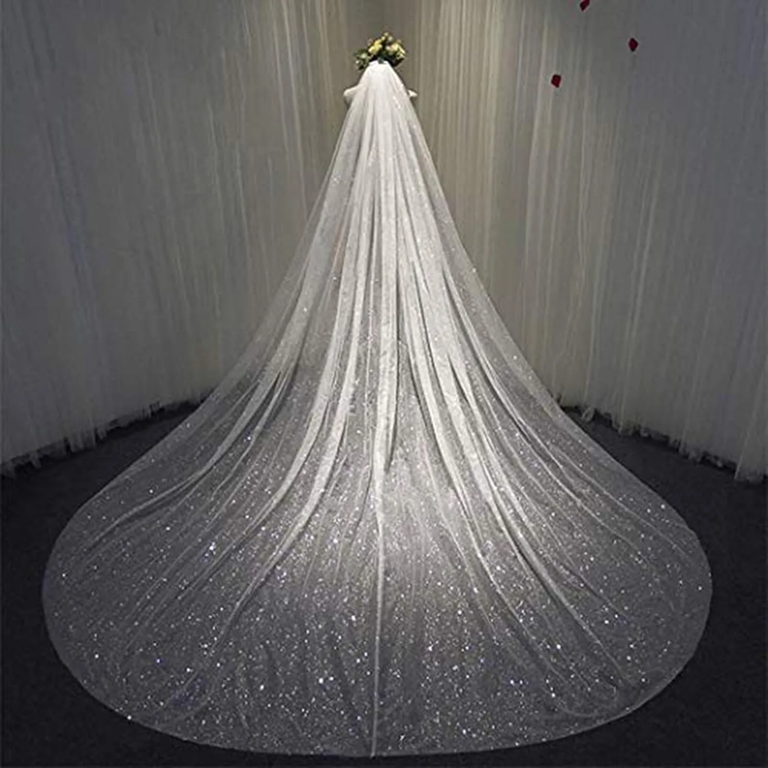 Aukmla Sparkle Cathedral Wedding Veil Long Glitter Bridal Veils with Comb for Women and Brides