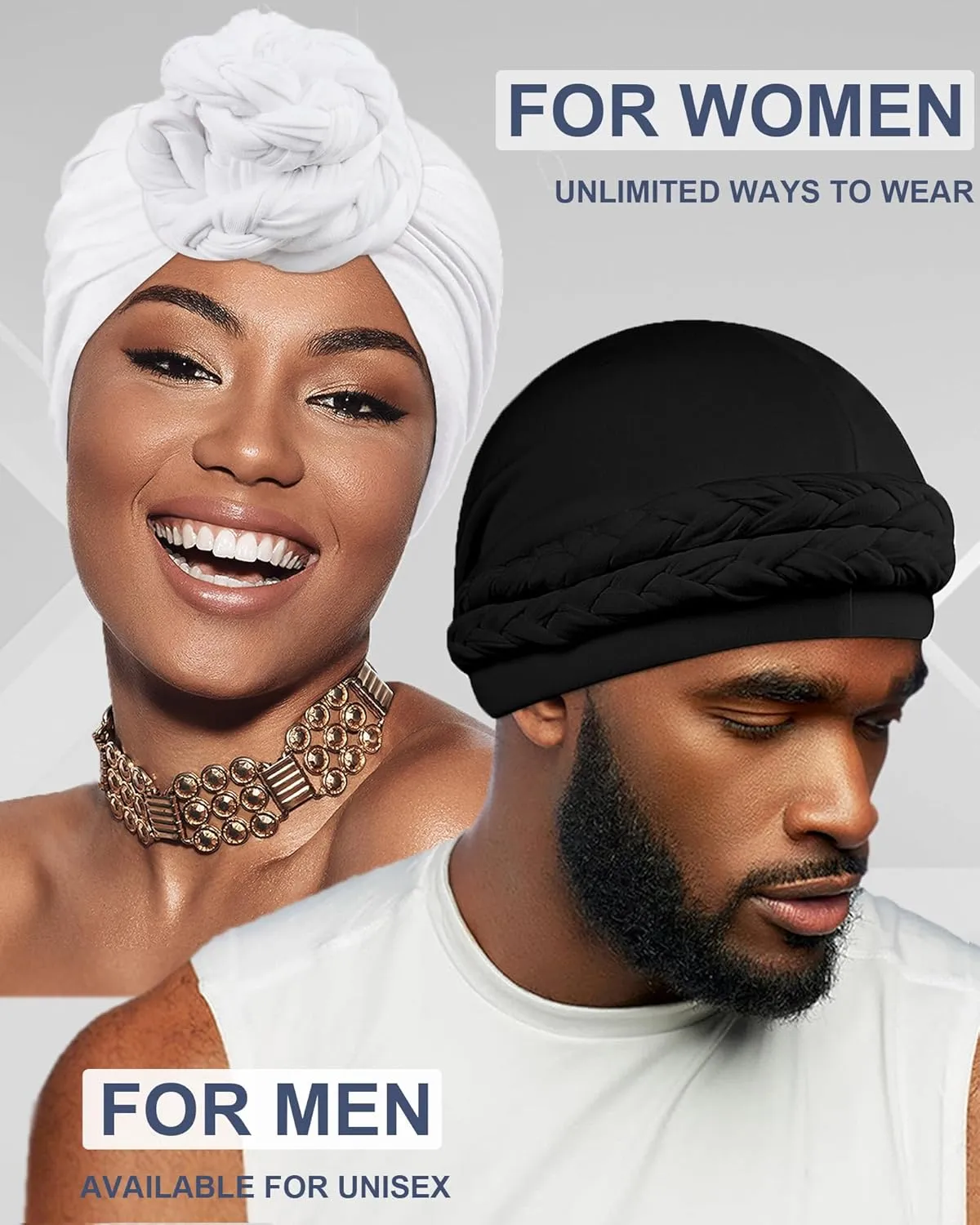 Babalet Halo Turban for Men Women Satin Lined Durag Skull Cap Pre-Tied Handmade Braids Tail Beanie Sleeping Bonnet,White