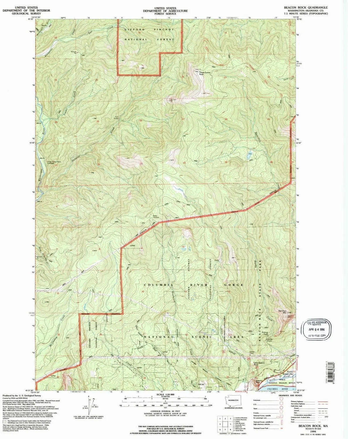 Beacon Rock WA topo map, 1:24000 Scale, 7.5 X 7.5 Minute, Historical, 1994, Updated 1996, 27 x 22 in