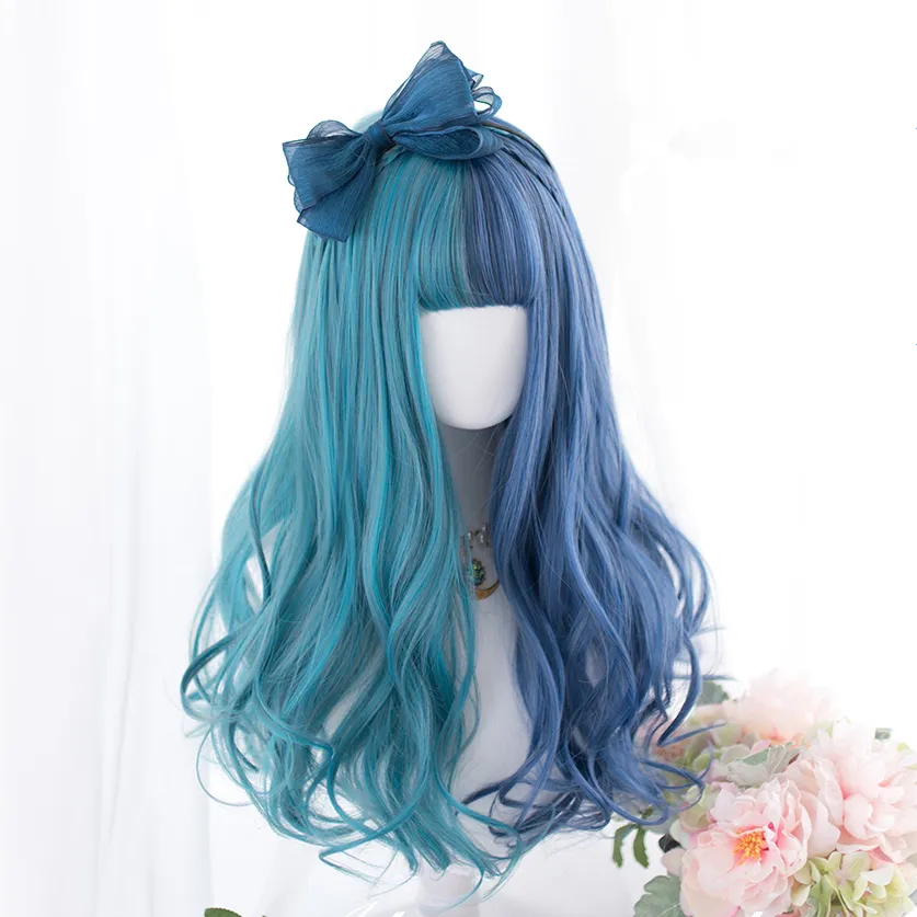 Blue long curly wig PL50572