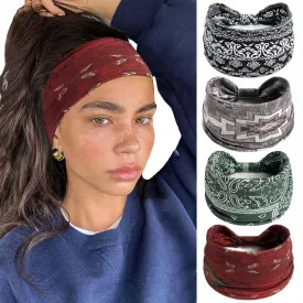 Boho Headbands Stretchy Wide Headband Soft Fabric Head Wraps Non Slip Sweatbands Vintage Turban Hairband Knotted Hair Bands Thick Bandana Hair Accessories for Women Workout