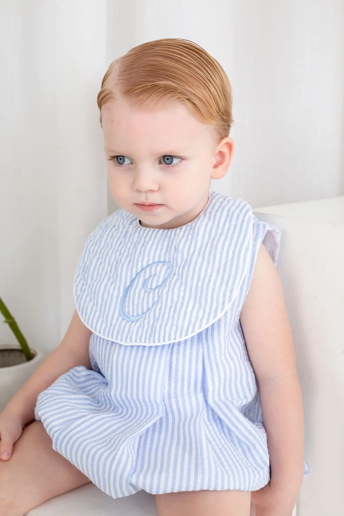 Boys Baby Blue Stripe Sleeveless Seersucker Romper