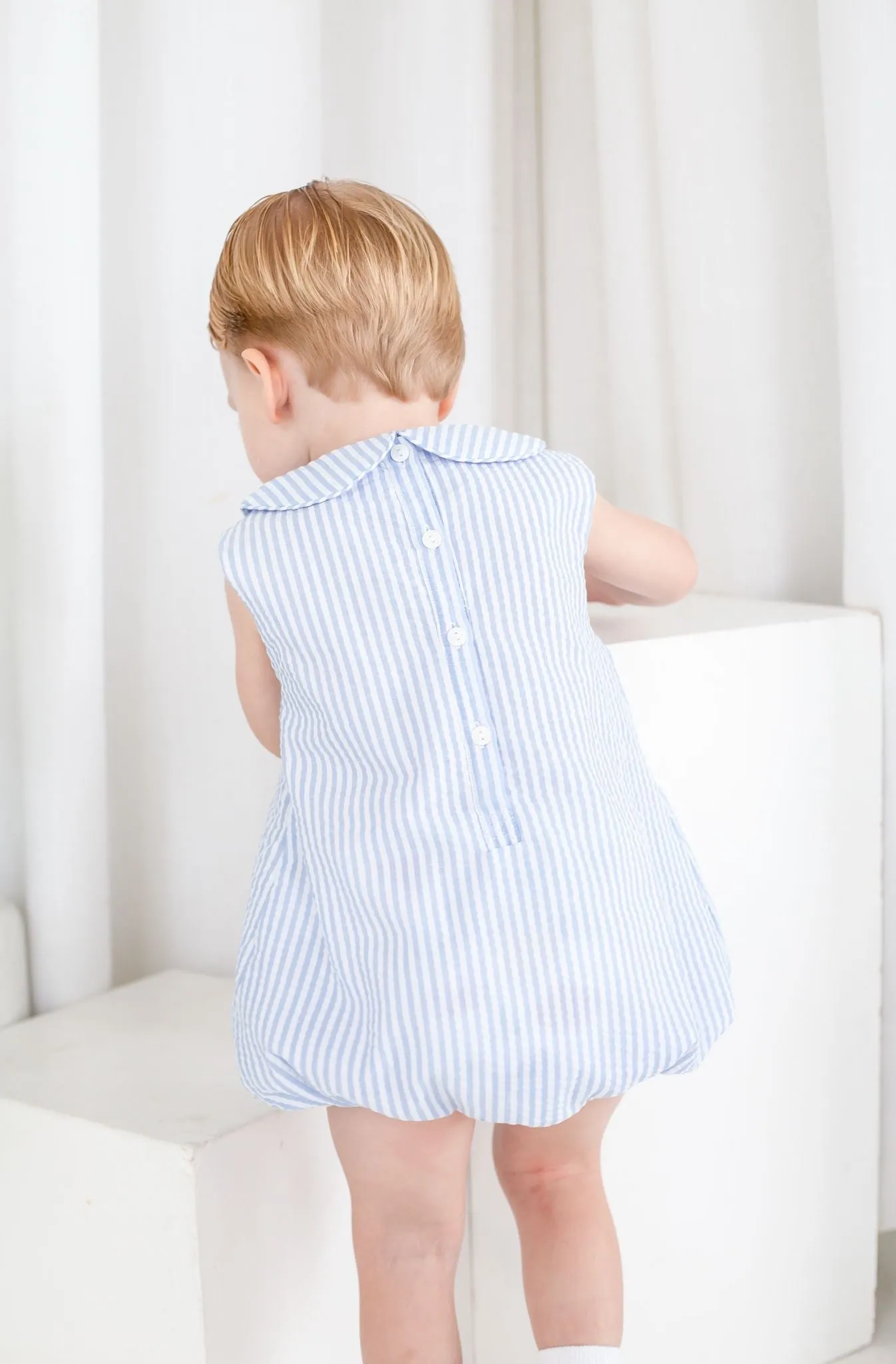 Boys Baby Blue Stripe Sleeveless Seersucker Romper