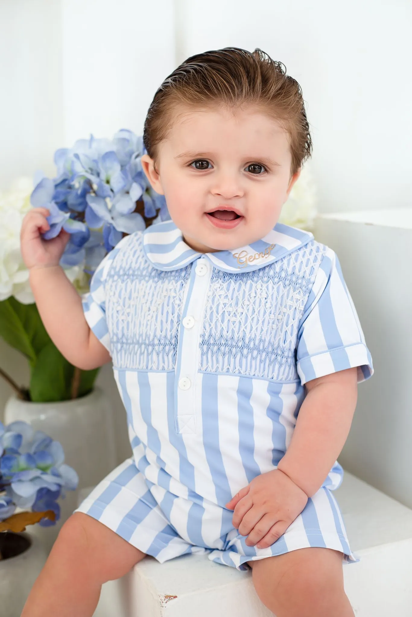 Boys Blue Stripe Smocked Romper