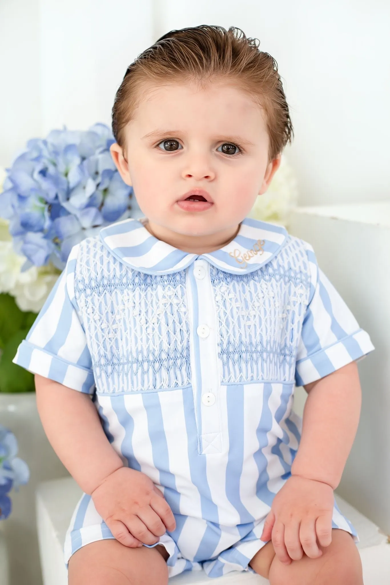 Boys Blue Stripe Smocked Romper