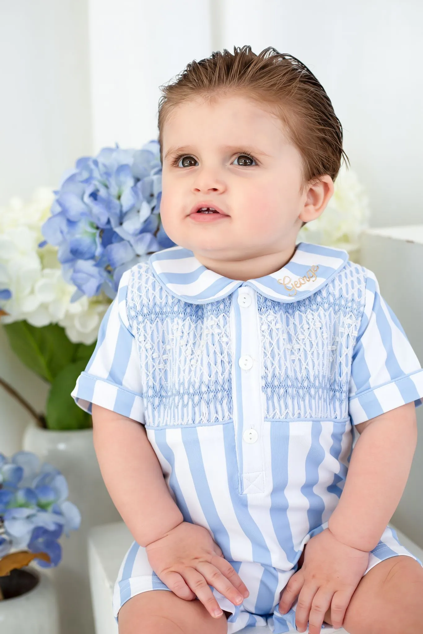 Boys Blue Stripe Smocked Romper