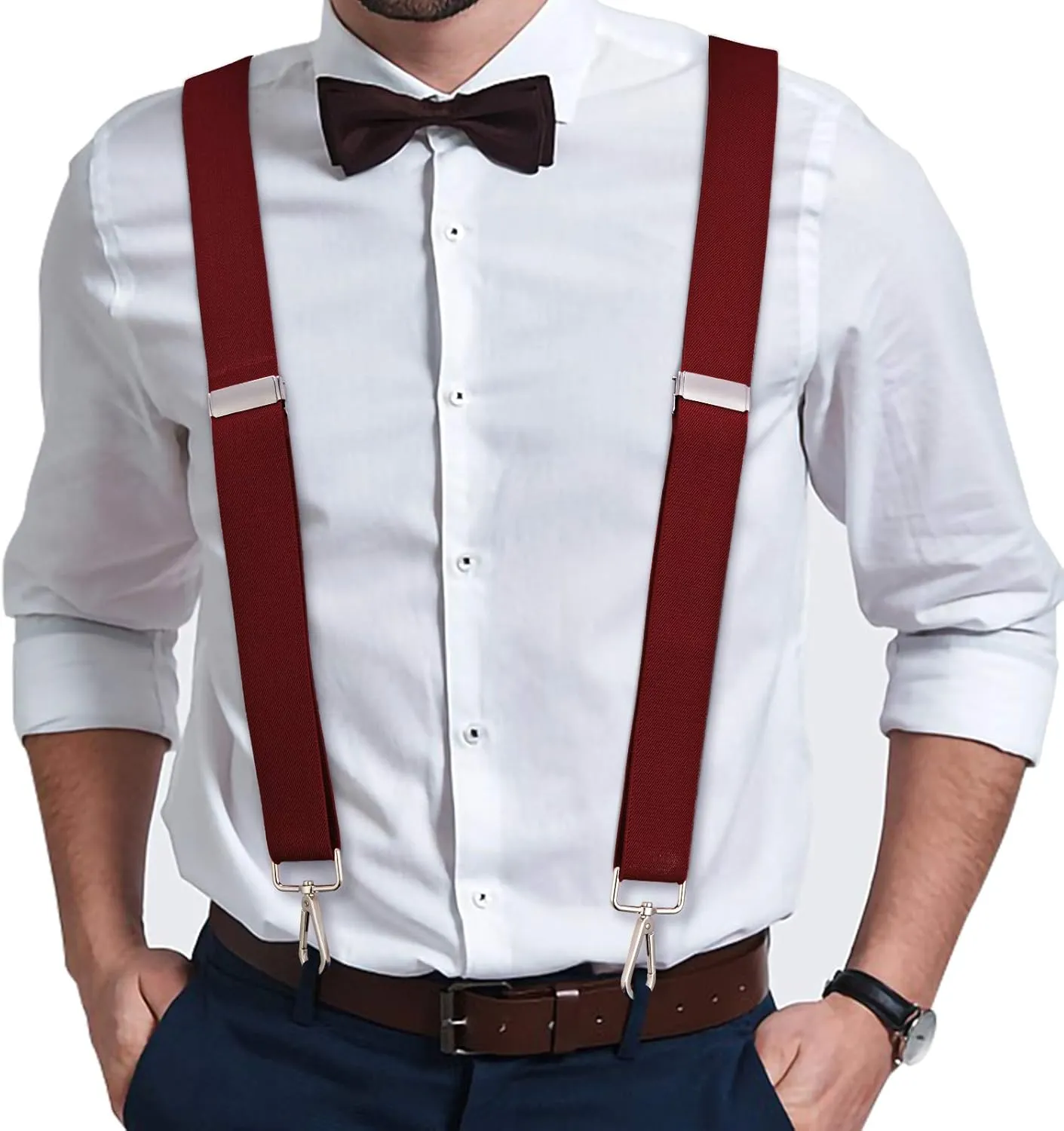 Buyless Fashion Suspenders for Men - 48" Elastic Adjustable Straps 1 1/4" - X Back with Metal Hooks