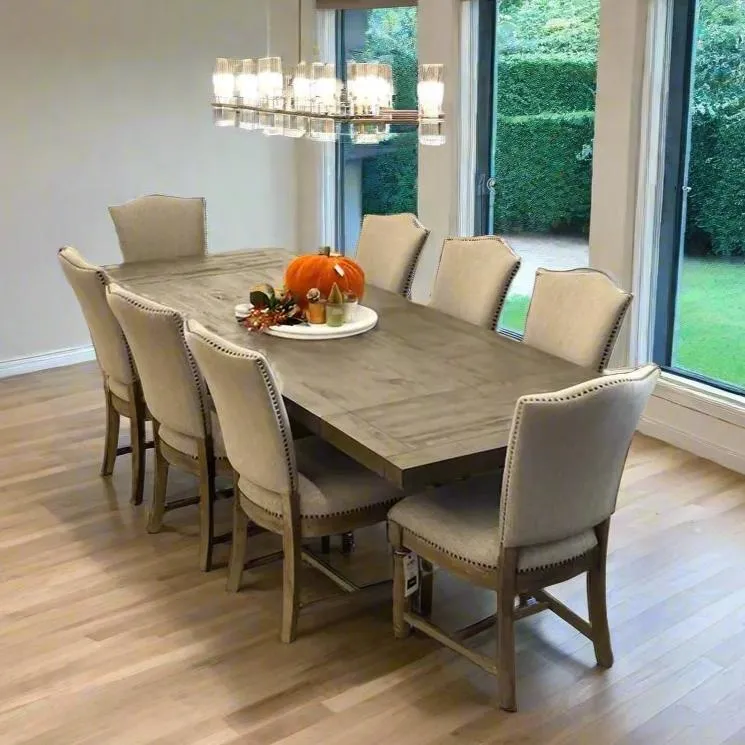 Caleb 9pc Dining Set (Extendable 84"-114" Reclaimed Pine Table  8 Upholstered Chairs)