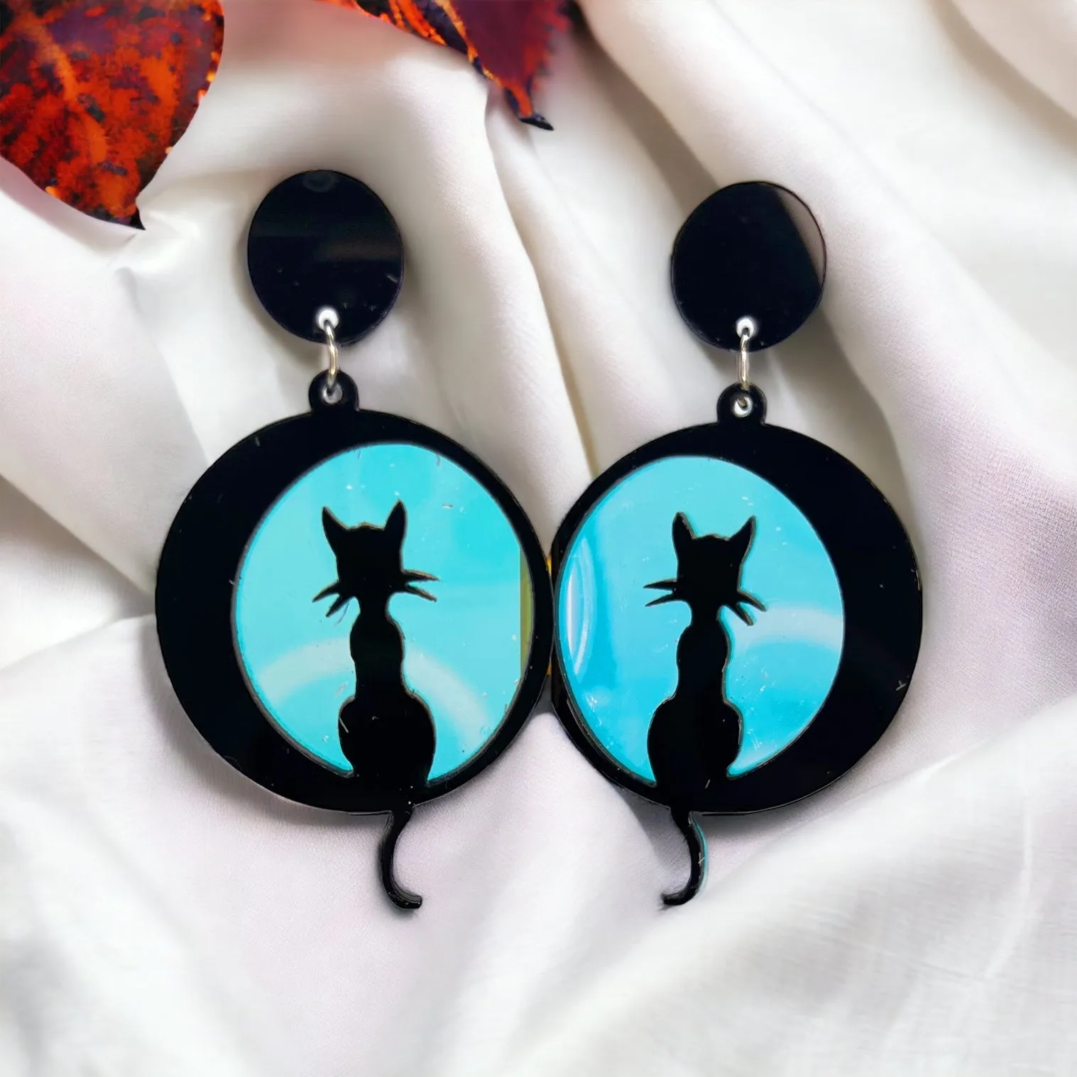 Cat and Moon Earrings - Halloween Accessories , Halloween Earrings, Not So Scary Halloween, Full Moon Earrings