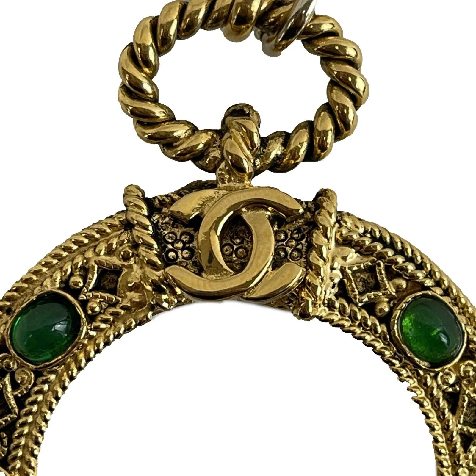 Chanel 1985 24K Plated CC Gripoix Red / Green Magnifier Glass Pendant Necklace