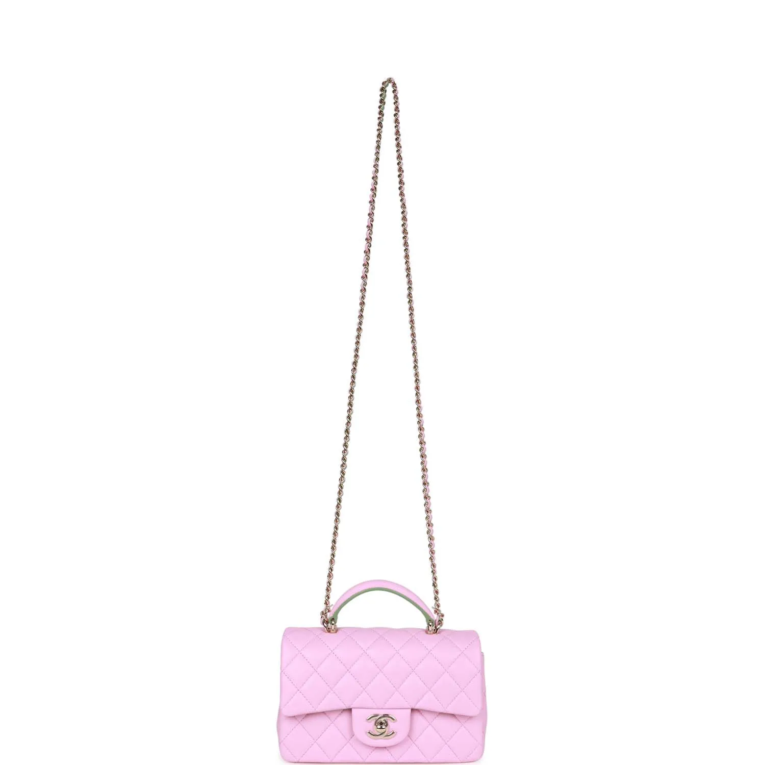Chanel Mini Rectangular Flap with Top Handle Pink and Green Lambskin Light Gold Hardware