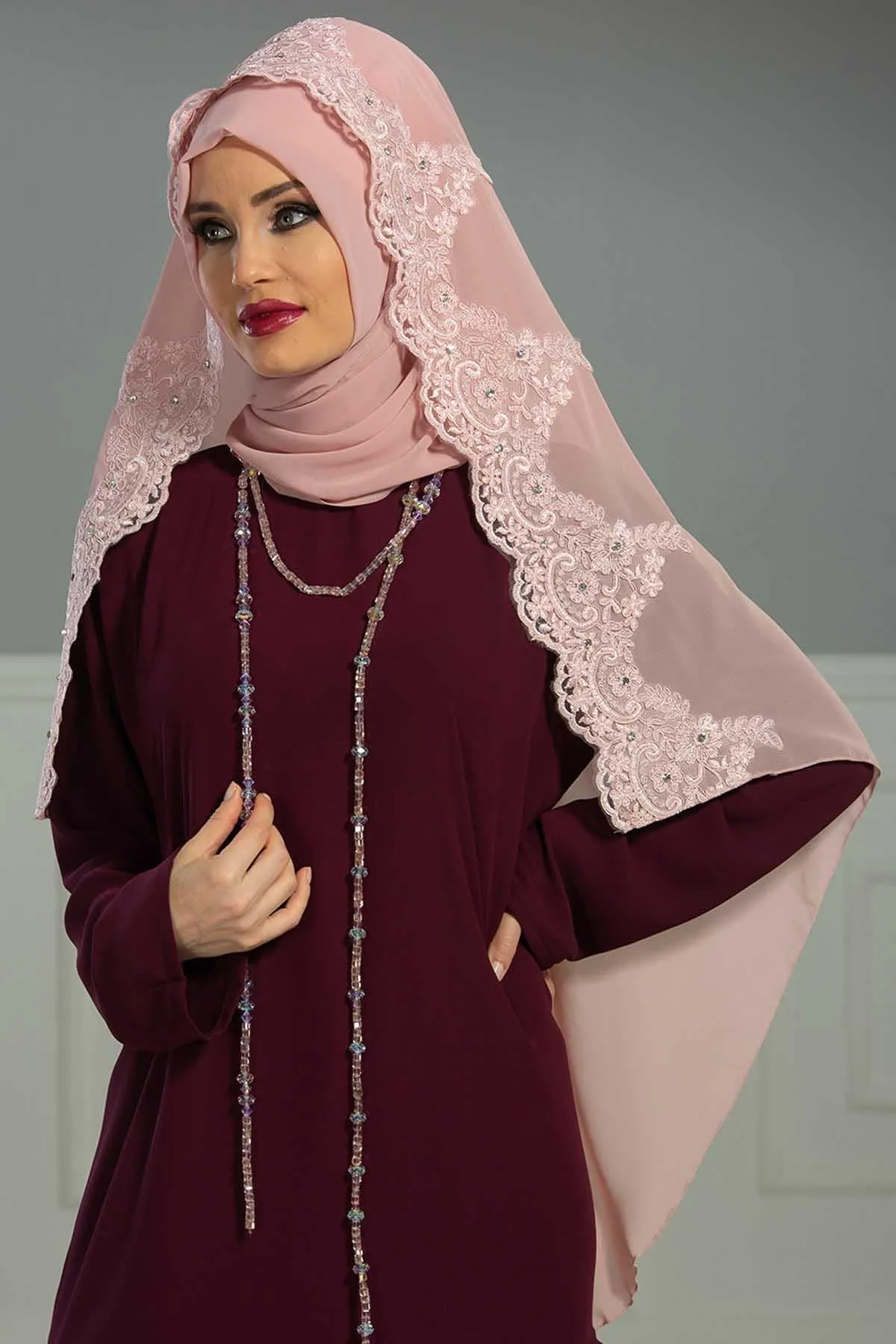 Chiffon Shawl with Handmade Unique Lace & Stone Accessories for Women, Modesty Instant Turban Cap Hat Head Wrap Stylish Long Headscarf,PS-24