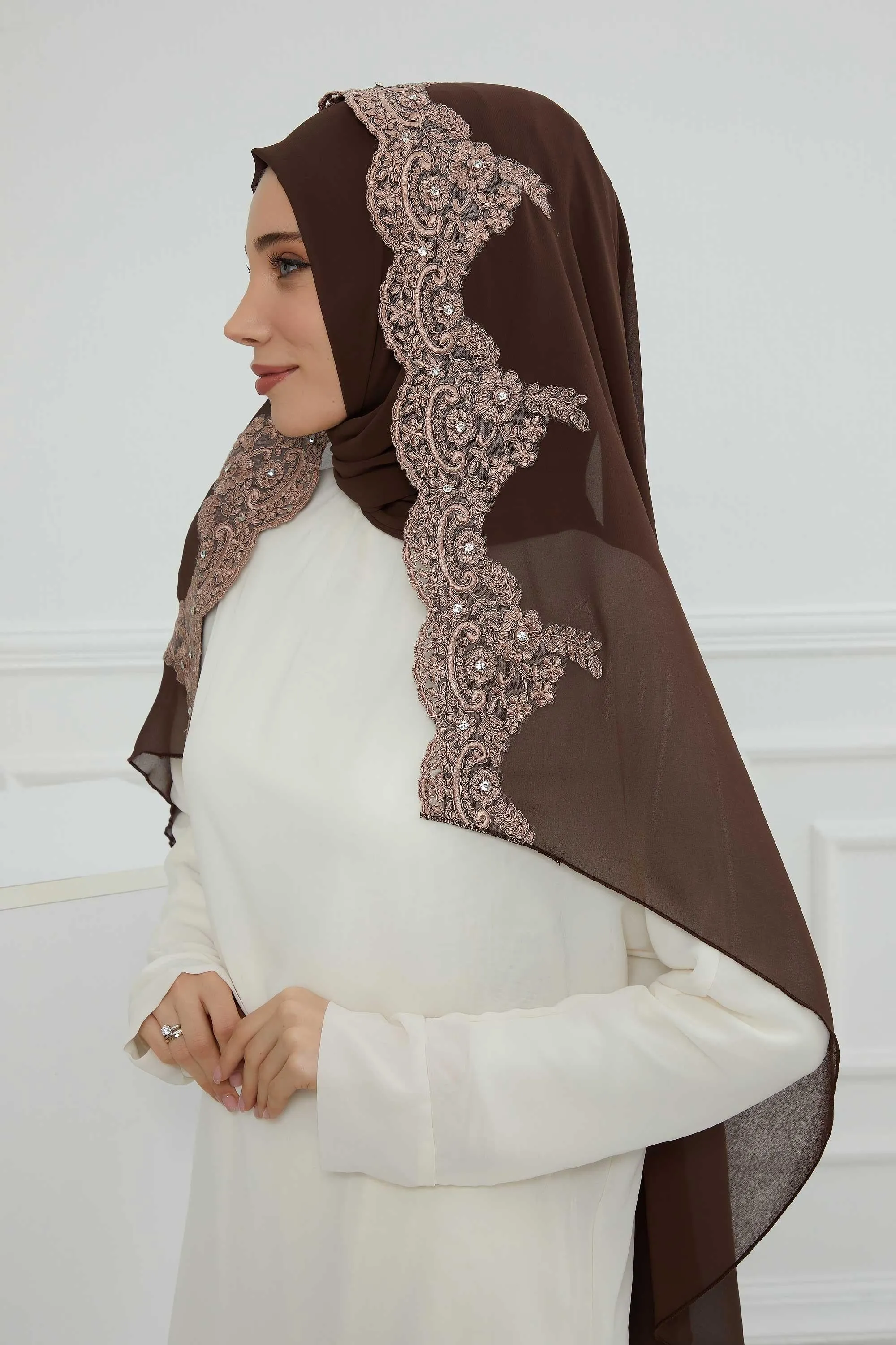 Chiffon Shawl with Handmade Unique Lace & Stone Accessories for Women, Modesty Instant Turban Cap Hat Head Wrap Stylish Long Headscarf,PS-24