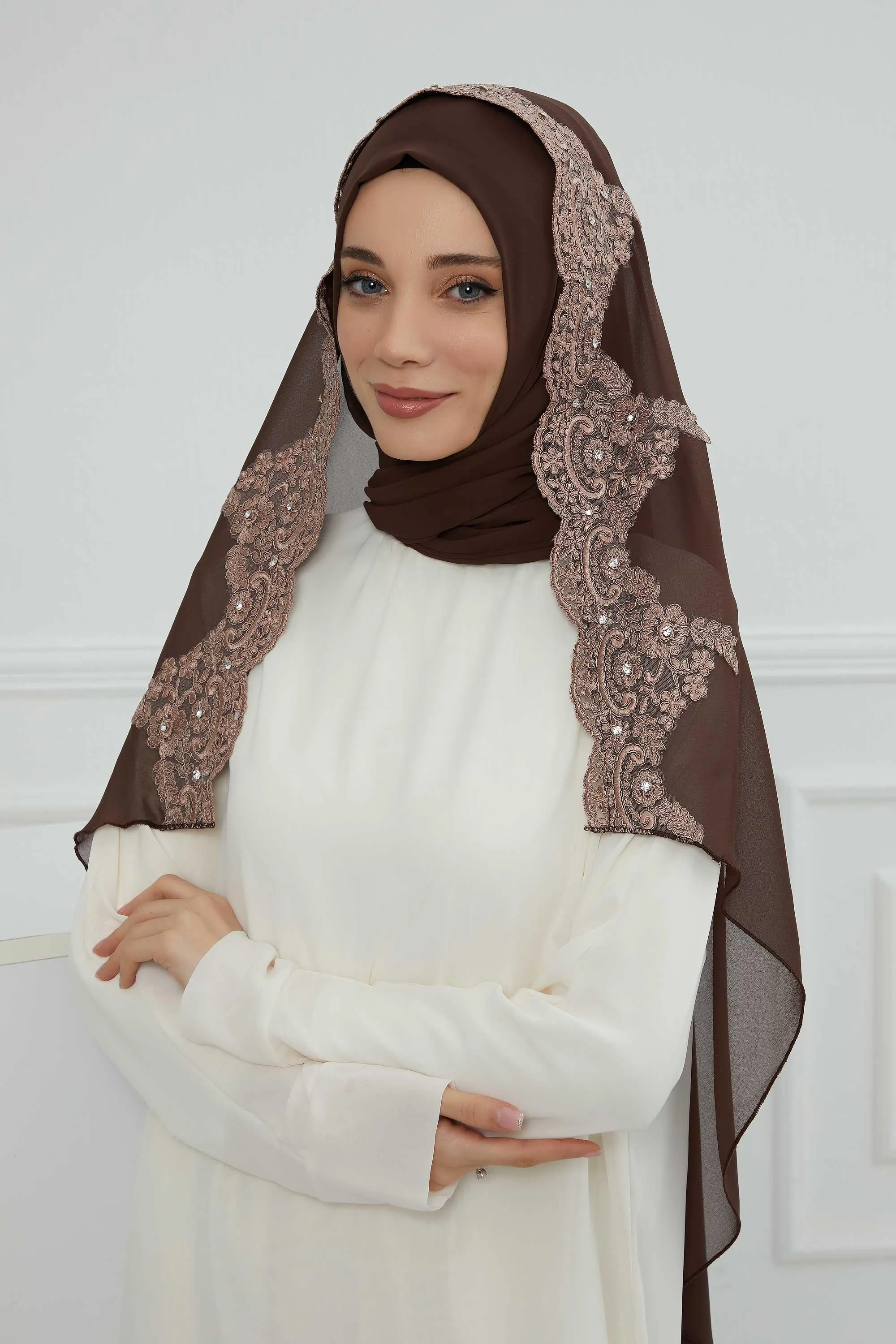 Chiffon Shawl with Handmade Unique Lace & Stone Accessories for Women, Modesty Instant Turban Cap Hat Head Wrap Stylish Long Headscarf,PS-24