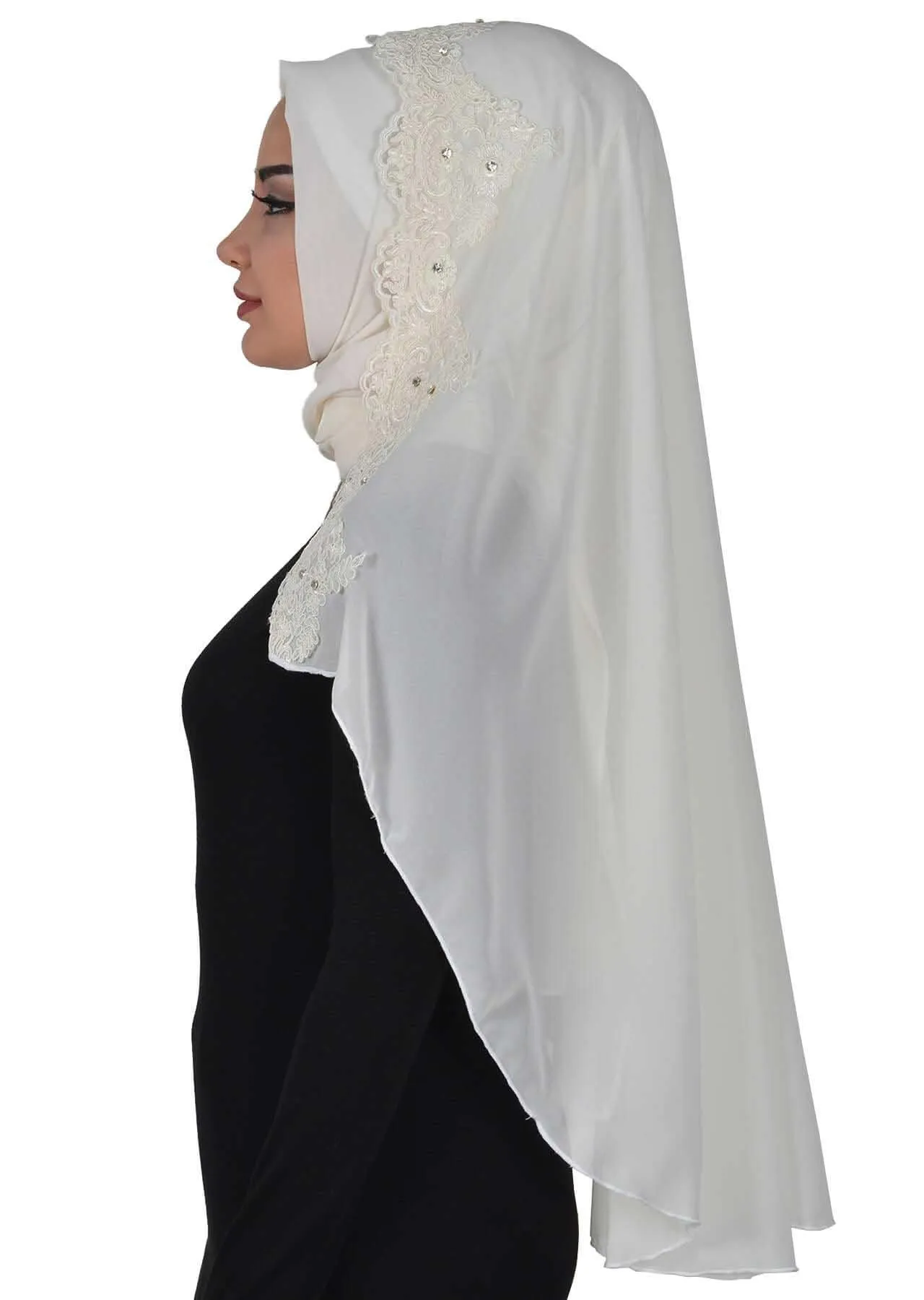 Chiffon Shawl with Handmade Unique Lace & Stone Accessories for Women, Modesty Instant Turban Cap Hat Head Wrap Stylish Long Headscarf,PS-24