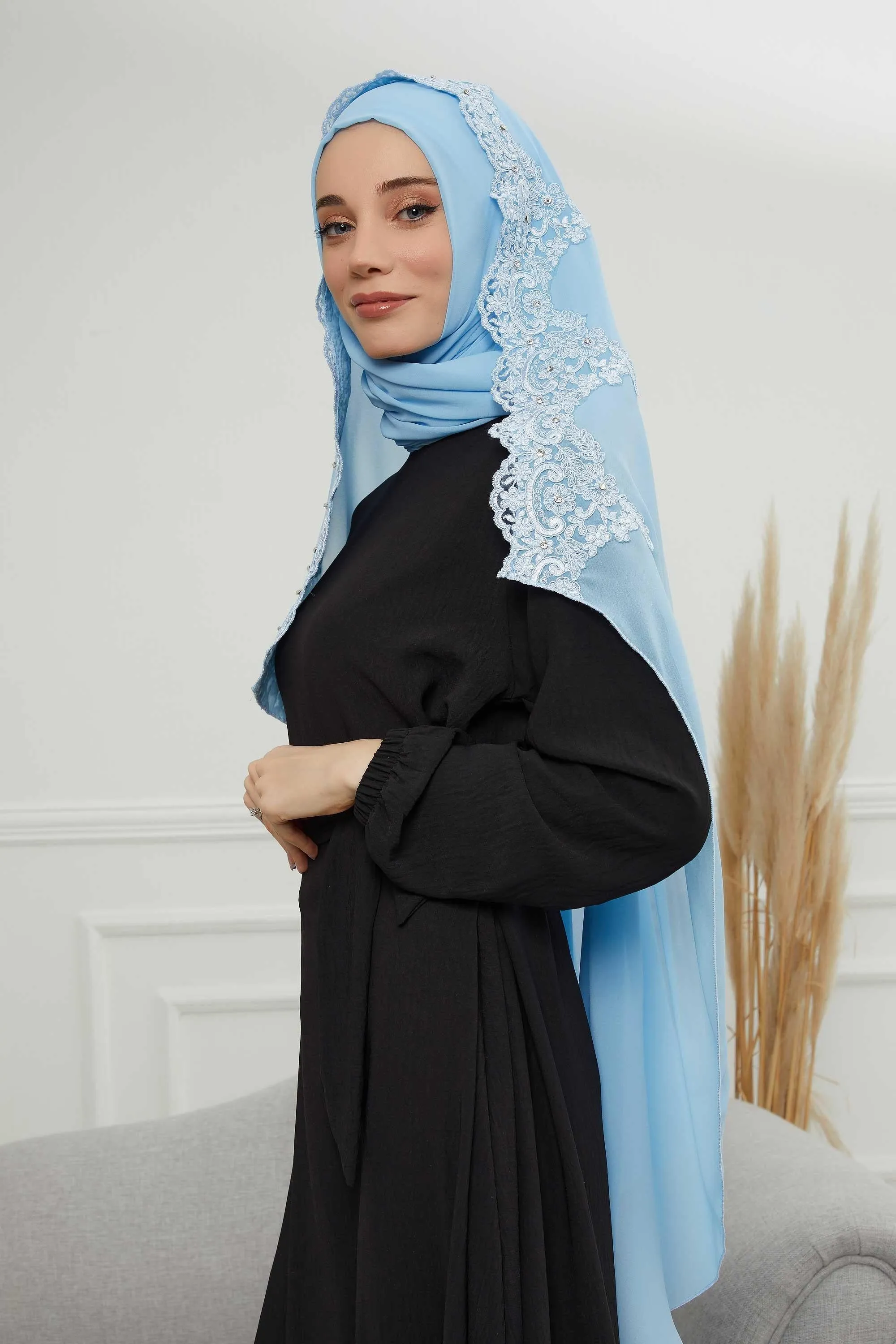 Chiffon Shawl with Handmade Unique Lace & Stone Accessories for Women, Modesty Instant Turban Cap Hat Head Wrap Stylish Long Headscarf,PS-24