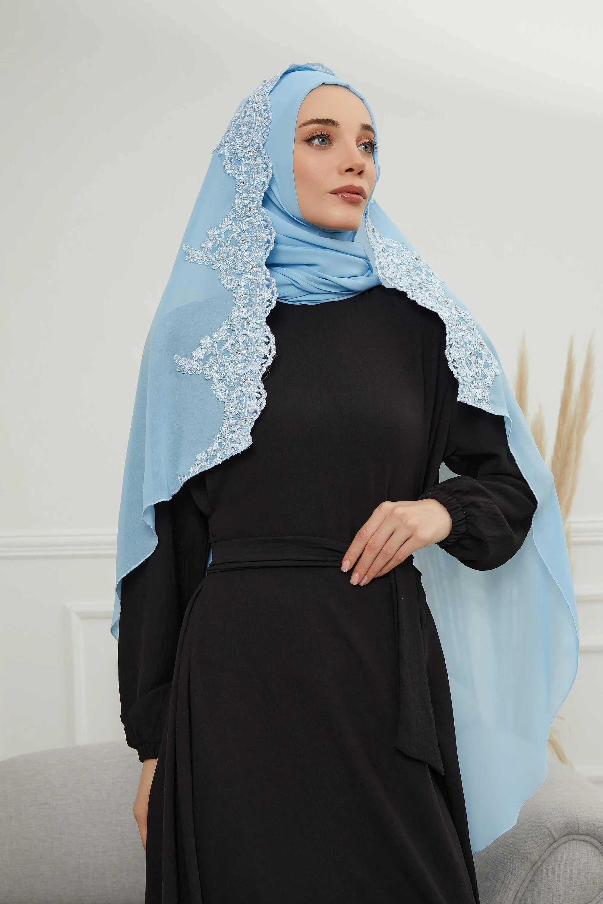 Chiffon Shawl with Handmade Unique Lace & Stone Accessories for Women, Modesty Instant Turban Cap Hat Head Wrap Stylish Long Headscarf,PS-24