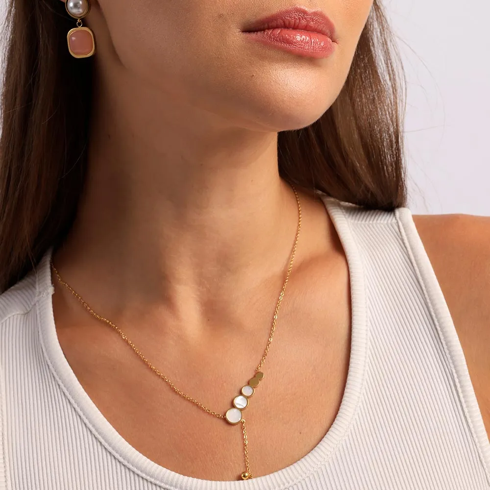 Circles White Pearl Enamel Dangling Necklace