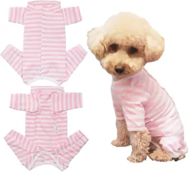 Dogs Recovery Suit Post Surgery Shirt for Puppy, Full Coverage Dog's Bodysuit Wound Protective Surgical Clothes for Small and Medium Pets (Pink White Stripe-XXS)