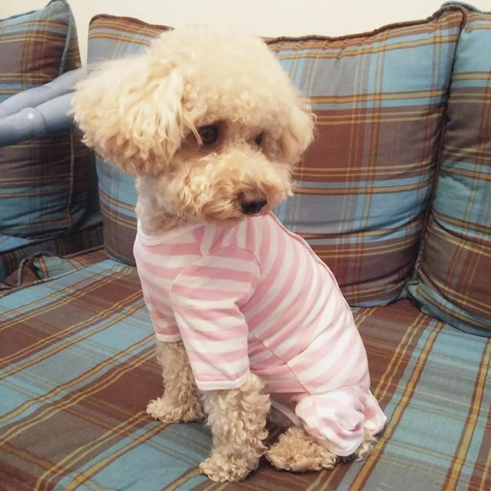 Dogs Recovery Suit Post Surgery Shirt for Puppy, Full Coverage Dog's Bodysuit Wound Protective Surgical Clothes for Small and Medium Pets (Pink White Stripe-XXS)