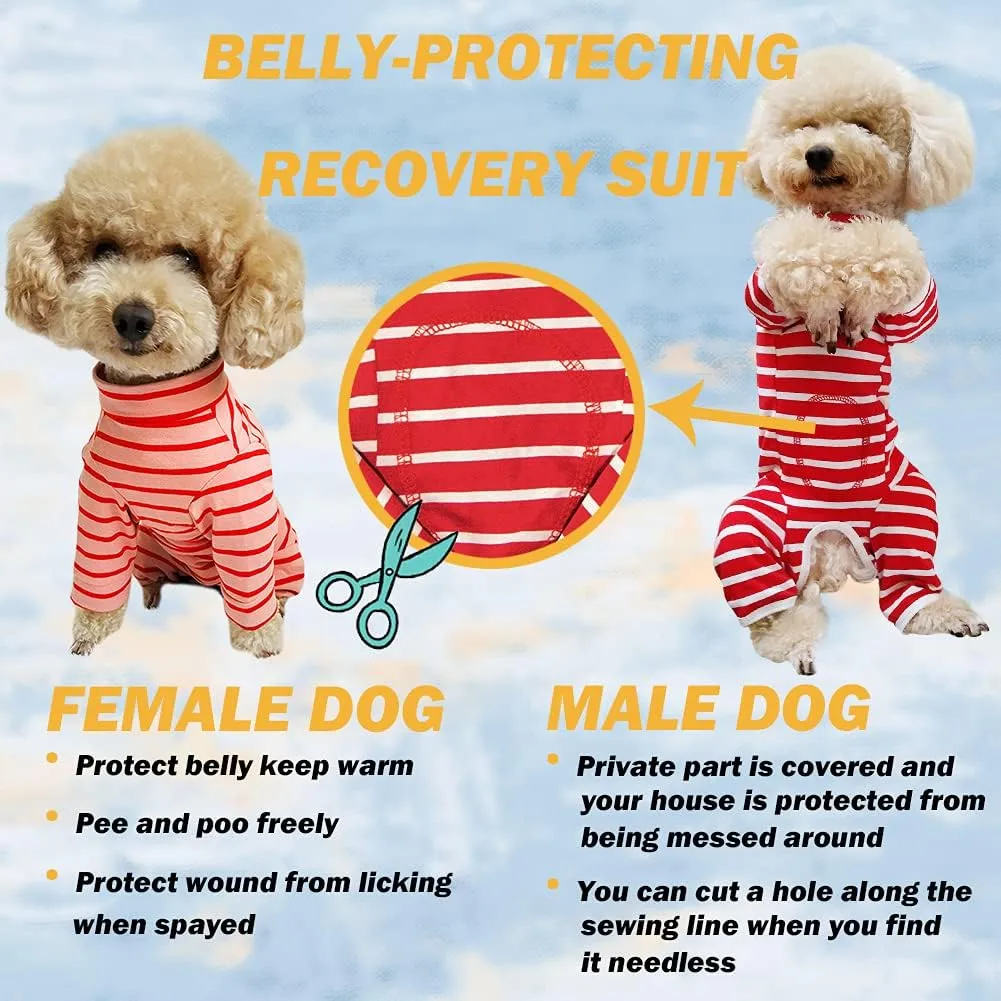 Dogs Recovery Suit Post Surgery Shirt for Puppy, Full Coverage Dog's Bodysuit Wound Protective Surgical Clothes for Small and Medium Pets (Pink White Stripe-XXS)
