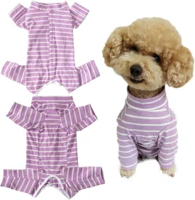 Dogs Recovery Suit Post Surgery Shirt for Puppy, Full Coverage Dog's Bodysuit Wound Protective Surgical Clothes for Small and Medium Pets (Purple White Stripe-XXS)