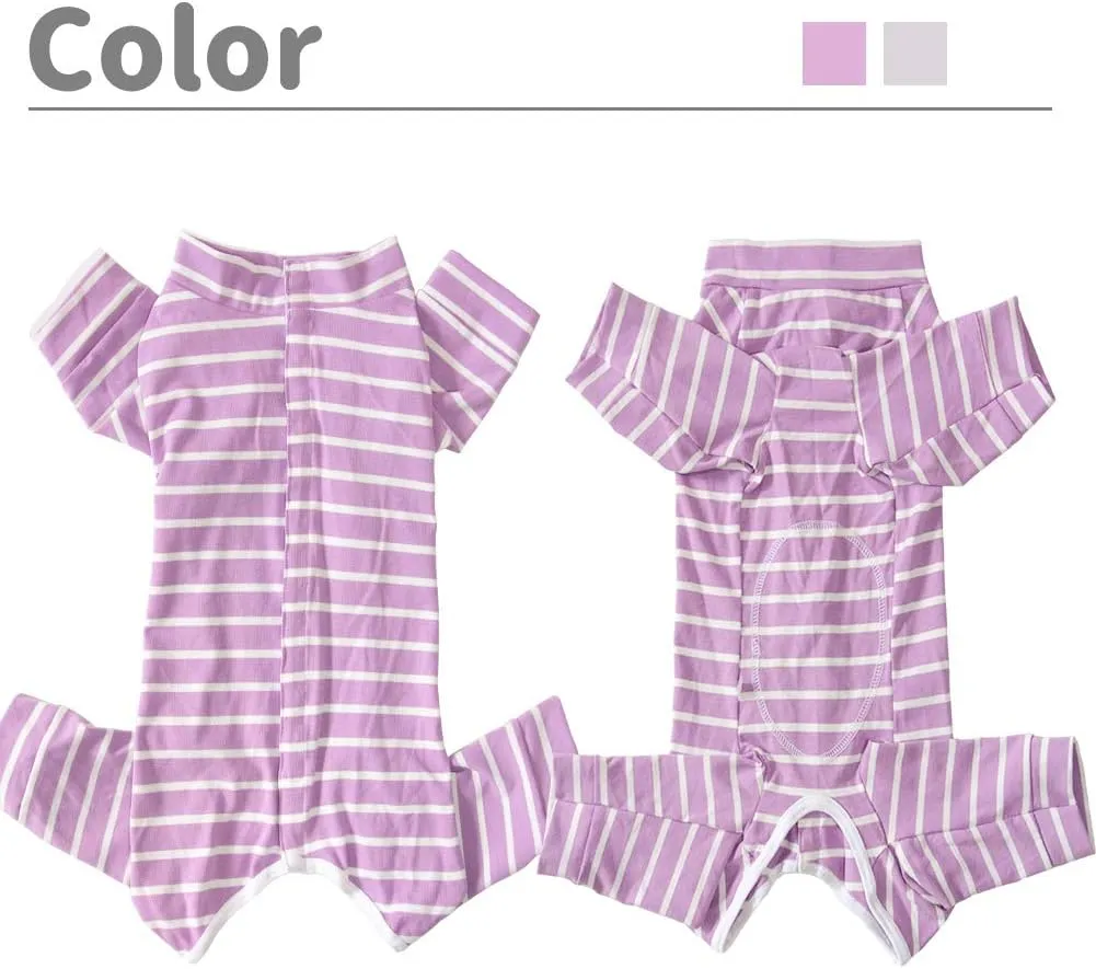 Dogs Recovery Suit Post Surgery Shirt for Puppy, Full Coverage Dog's Bodysuit Wound Protective Surgical Clothes for Small and Medium Pets (Purple White Stripe-XXS)