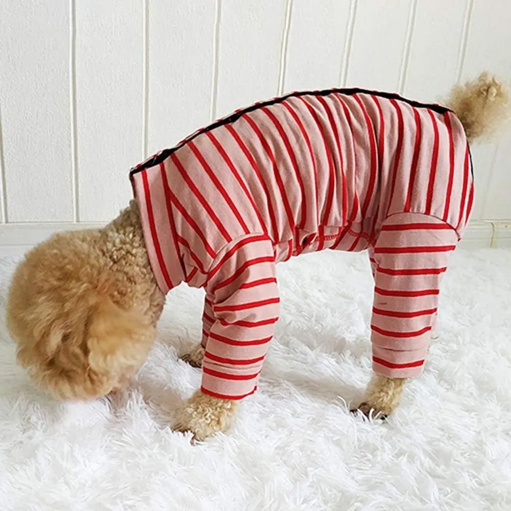 Dogs Recovery Suit Post Surgery Shirt for Puppy, Full Coverage Dog's Bodysuit Wound Protective Surgical Clothes for Small and Medium Pets (red Pink Stripe-XXS)