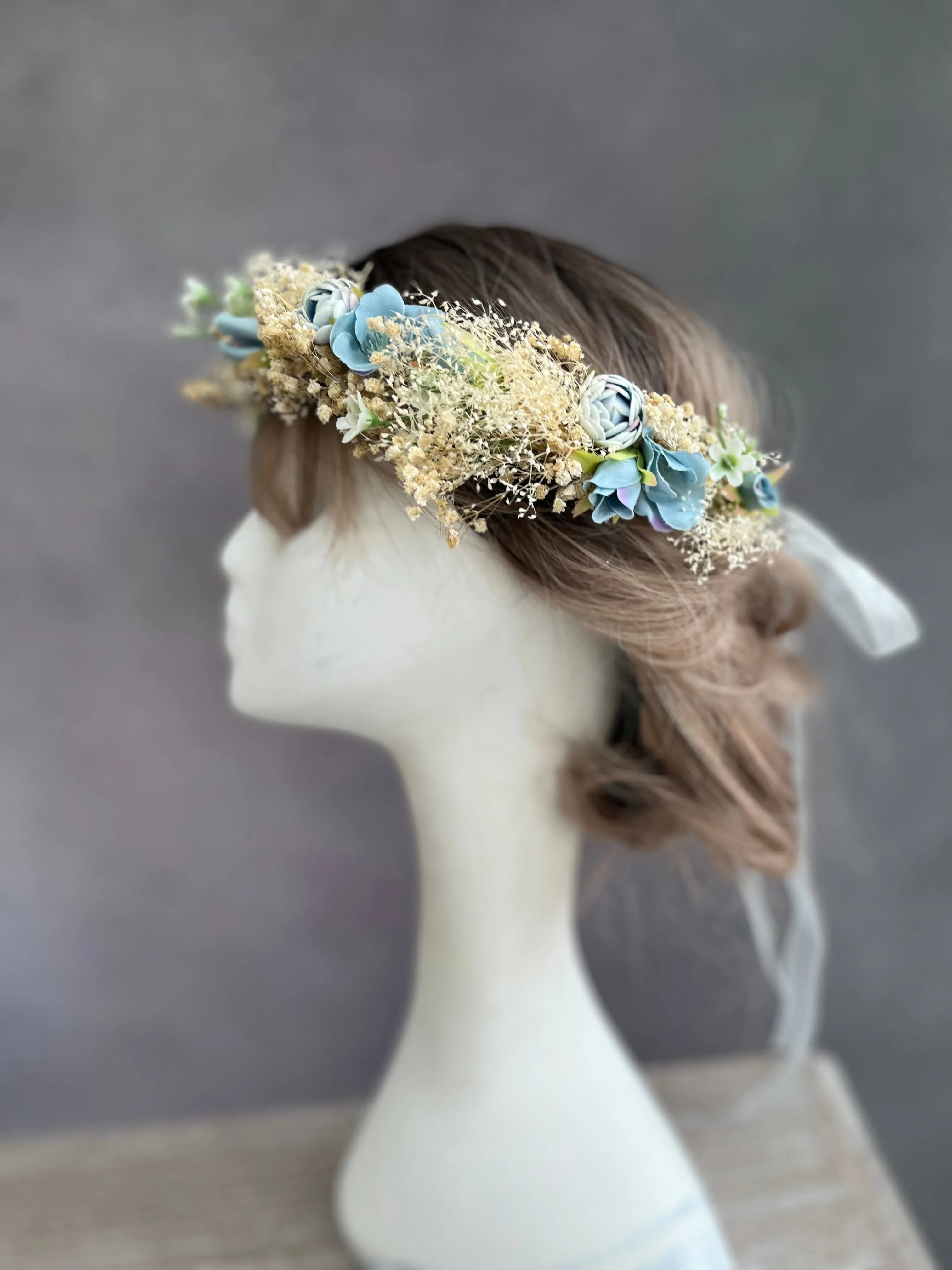 Dusty blue wedding hair wreath