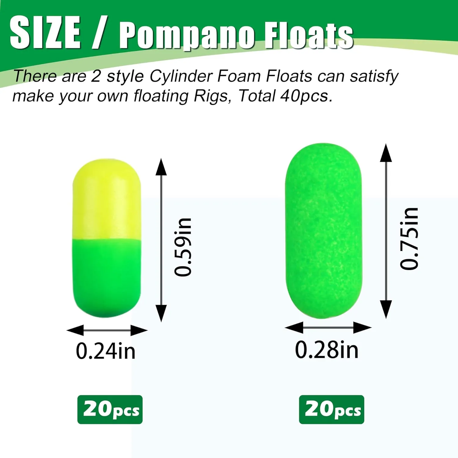 Fishing Floats Pompano Rig Floats,40pcs Foam Snell Floats Surf Pompano Rig Fishing Bullet Cylinder Pompano Floats Walleye Rig Live Bait Rig Line Float Making Accessories for Trout Catfish