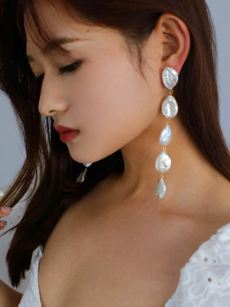 Flat Round Freshwater Baroque Long Drop Earrings-Large