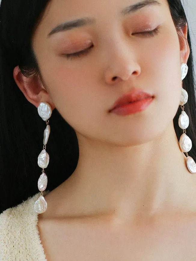 Flat Round Freshwater Baroque Long Drop Earrings-Large
