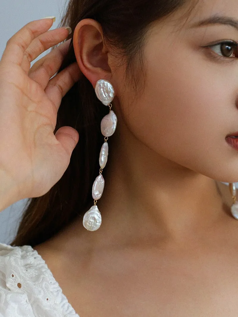 Flat Round Freshwater Baroque Long Drop Earrings-Large